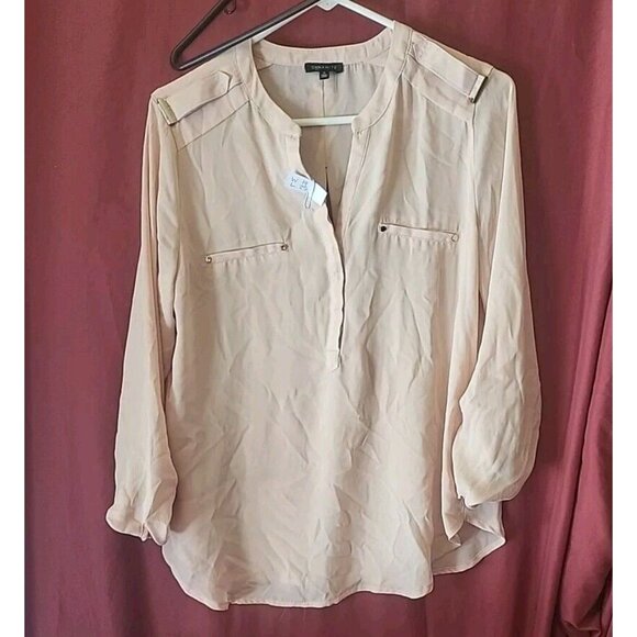 Womens Blouse Sheer Long Sleeve Pullover Beige Size Medium Dynamite - Picture 2 of 11